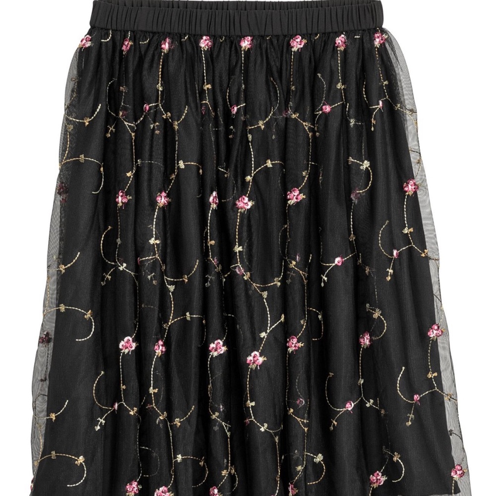 H&M Floral Midi Embroidery Mesh Black Skirt